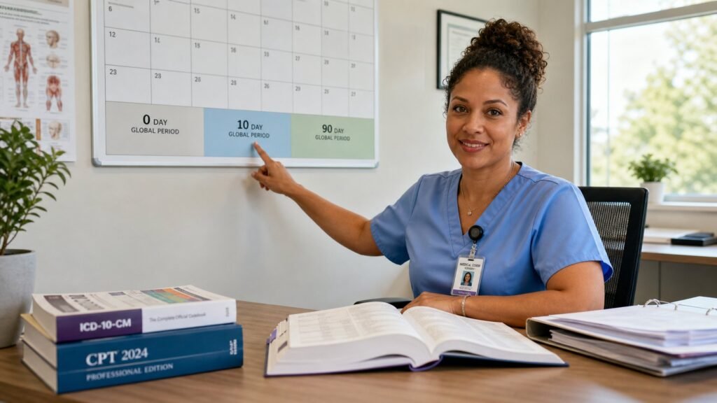 0-day, 10-day, and 90-day global periods control your billing - not just your clinical care. Image: Post-op tracking calendar used in our MAC audit training.