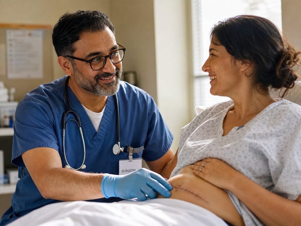 Surgeon performing postoperative care wound check during global period follow-up visit
