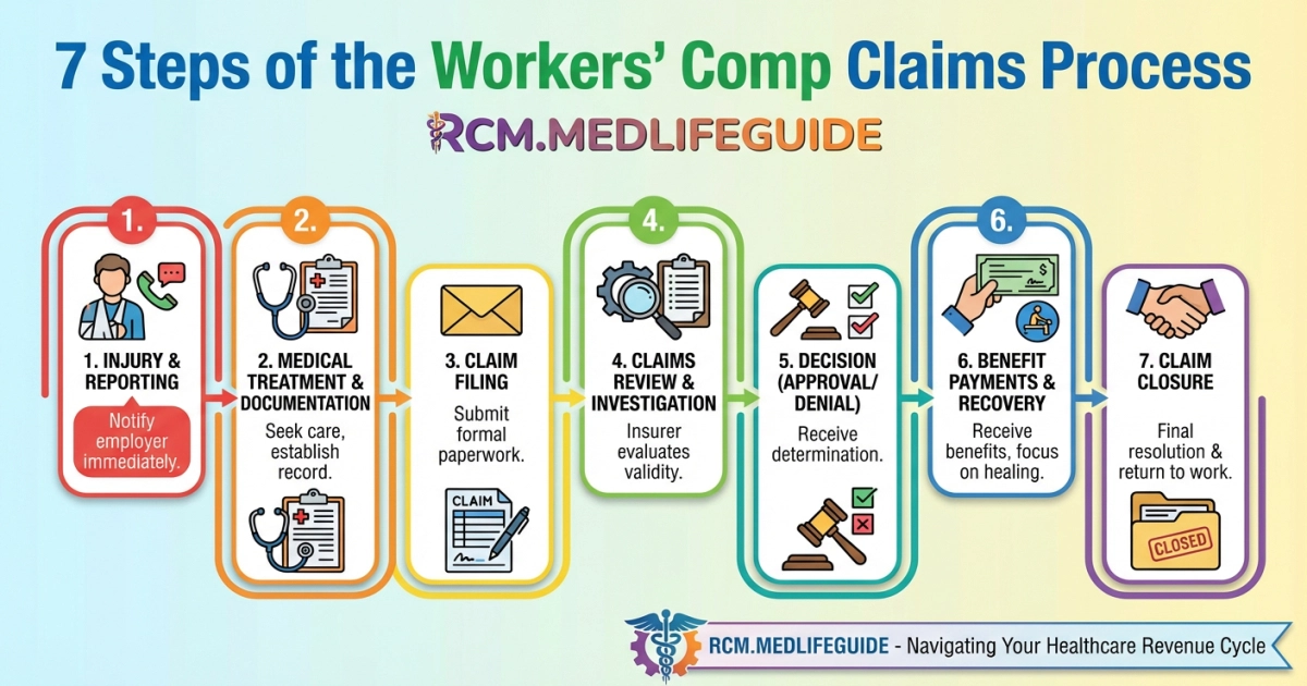 Step-by-step visual representation of the workers' comp claims process, highlighting 7 key stages for effective claims management.