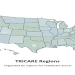 A clean, modern illustration of a United States map divided into clear regional sections, with soft lines or subtle color differences marking boundaries. Include small healthcare-related icons like a stethoscope or medical building near the map edges. No branding or logos. Use calm, neutral colors. The image should visually suggest that TRICARE is organized by regions without being busy or overly technical.