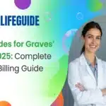 Two men in lab coats next to each other with ICD 10 codes for Graves' disease displayed prominently.