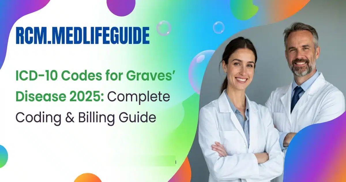 Two men in lab coats next to each other with ICD 10 codes for Graves' disease displayed prominently.