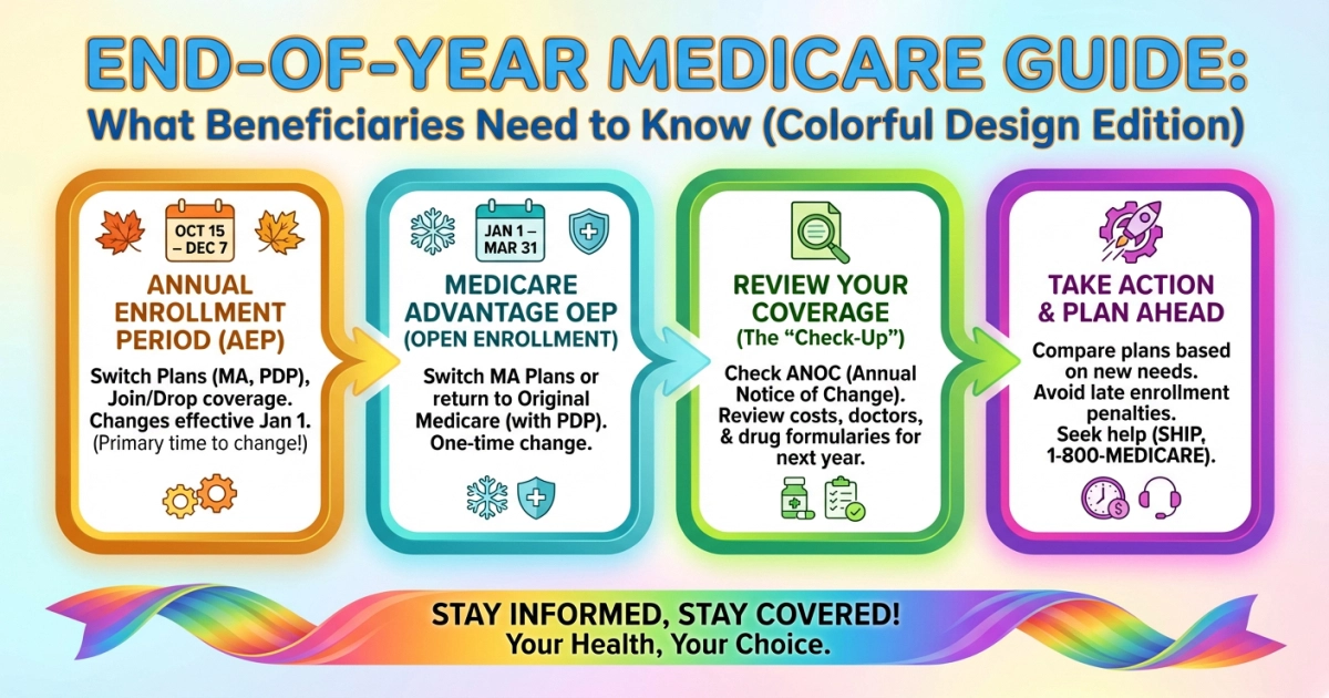 A Medicare guide for the end of the year, showing a stethoscope and health icons, emphasizing important healthcare info.