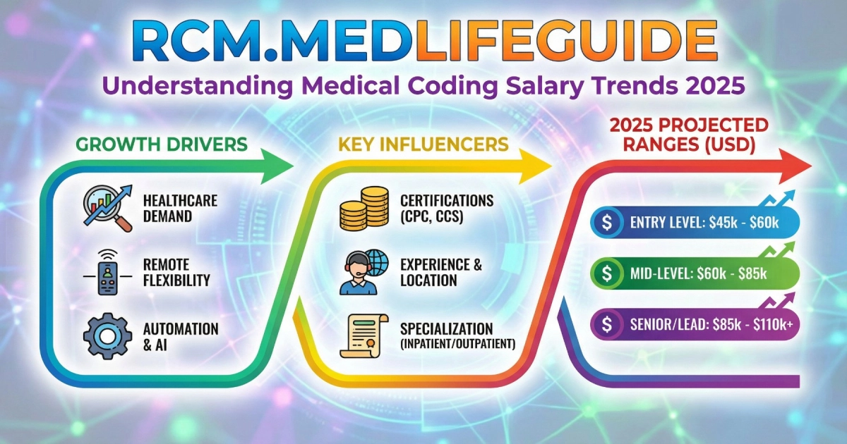 RCMmedlifeguide cover image, showcasing insights into medical coding salary trends and industry analysis.