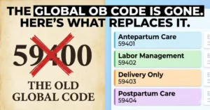 Left panel shows a crossed-out legacy CPT global code 59400 on aged paper. Right panel shows a clean, modern billing dashboard displaying four distinct phases — Antepartum, Labor Management, Delivery, Postpartum — each with a new code assigned. Bold headline overlay: "The Global OB Code Is Gone. Here's What Replaces It." Optimized for Google Discover CTR with high-contrast design and readable typography at thumbnail size.