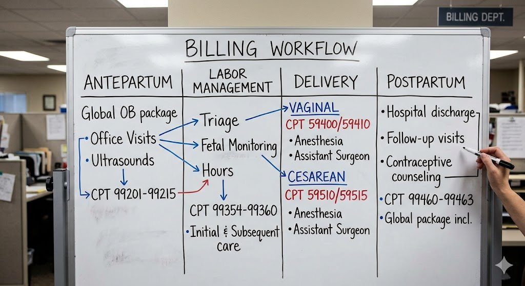 A close-up of a billing workflow chart on a whiteboard, showing the four phases — antepartum, labor management, delivery, and postpartum — mapped to new CPT code categories, in a hospital billing department.
