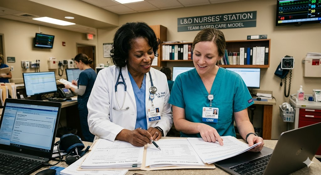 An OB/GYN physician and a certified nurse midwife reviewing documentation together at a nurse's station in a hospital, representing team-based maternity care and collaborative billing attribution.
