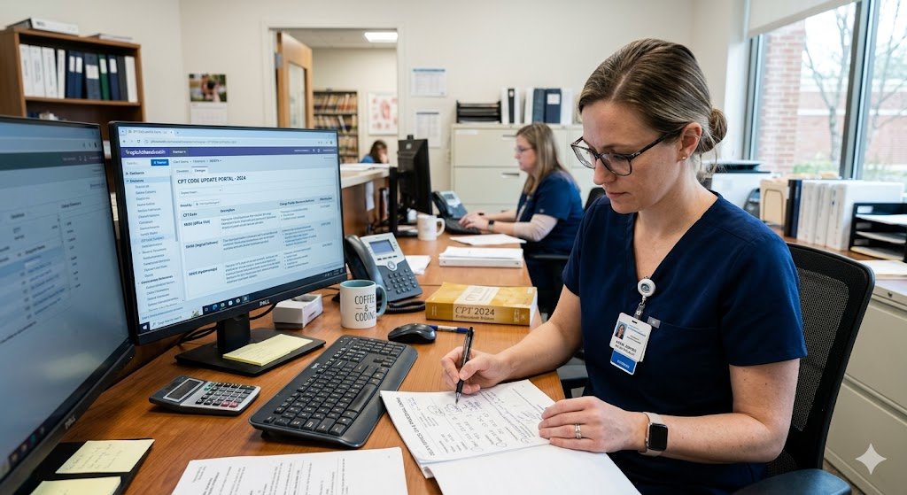 A medical billing specialist at a desk reviewing OB/GYN coding documents and a computer screen showing CPT code updates, photographed in a professional clinical office environment with natural lighting.