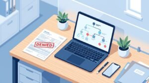 A clean, modern flat-style illustration of a medical billing desk from a top-down angle, showing a claim form with a red "denied" stamp next to a laptop screen displaying a branching decision-tree diagram. Soft blue and white color palette, minimal clutter, no readable text on any document, professional editorial illustration style, 16:9 aspect ratio, bright and high contrast for mobile thumbnails.