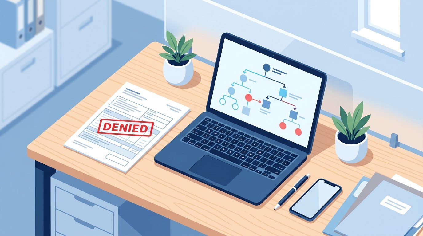 A clean, modern flat-style illustration of a medical billing desk from a top-down angle, showing a claim form with a red "denied" stamp next to a laptop screen displaying a branching decision-tree diagram. Soft blue and white color palette, minimal clutter, no readable text on any document, professional editorial illustration style, 16:9 aspect ratio, bright and high contrast for mobile thumbnails.