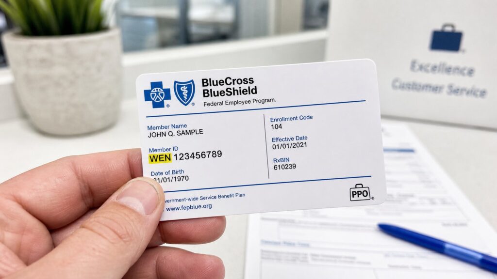 Figure 1: First 3 characters of Member ID field = alpha prefix. Must include in claim exactly as printed. Suitcase logo at bottom indicates PPO BlueCard.