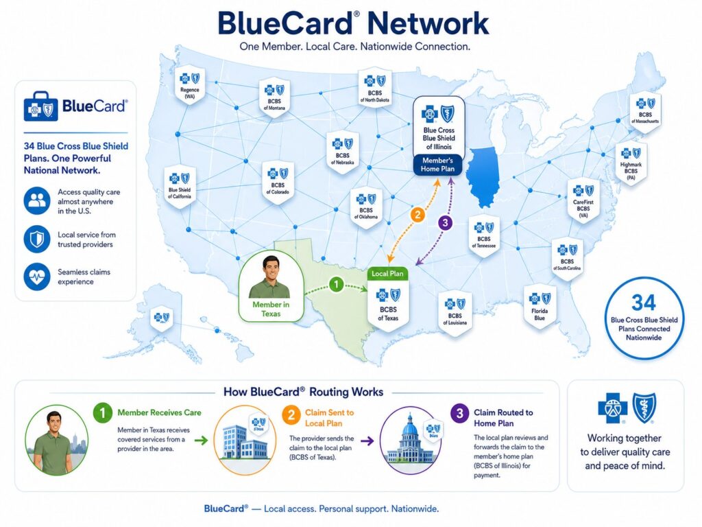 Figure 3: Illinois member in Texas - file to Texas Blue host, forwarding via BlueCard to Illinois home which owns fee schedule. Service Blue is pass-through.