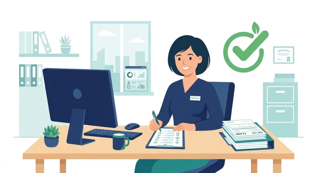 Illustration of a medical biller checking claim forms with a checklist